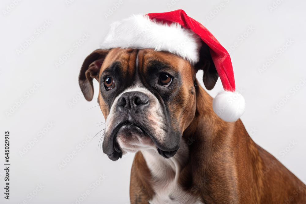 Boxer dog dressed in Santa Claus hat, Christmas costume on white background. Season banner, poster