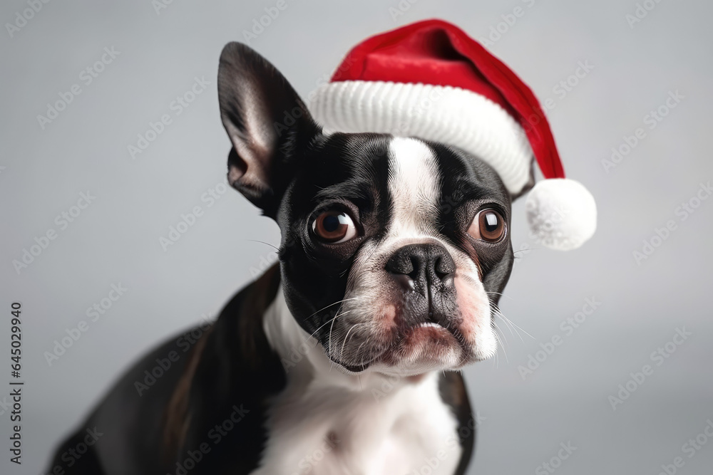 Portrait of Boston terrier dog dressed in Santa Claus hat, costume on gray background. Season banner, poster
