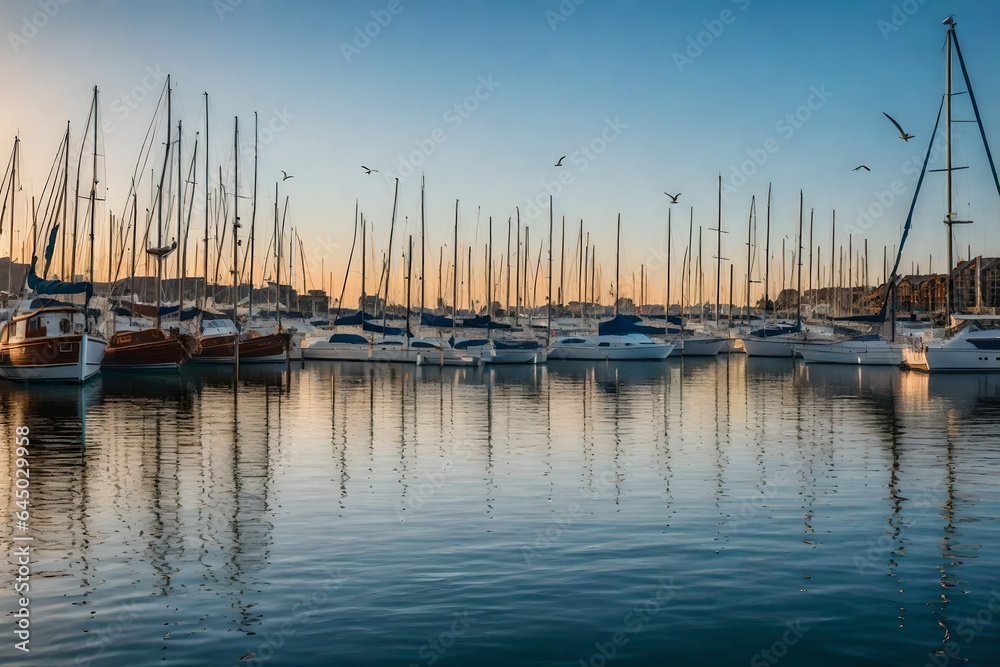 A bustling harbor with sailboats and seagulls