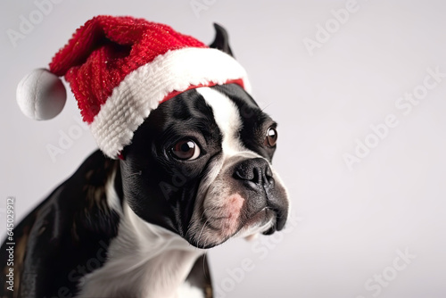 Portrait of Boston terrier dog dressed in Santa Claus hat, costume on white background. Season banner, poster © MarijaBazarova