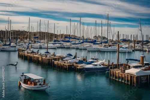 A bustling harbor with sailboats and seagulls