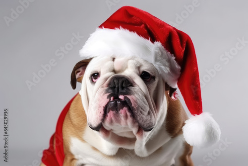 Bulldog dog dressed in Santa Claus hat, Christmas costume on white background. Season banner, poster
