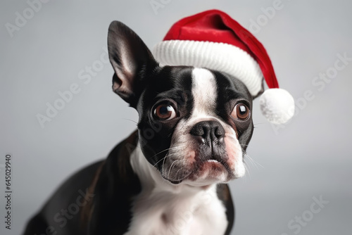 Portrait of Boston terrier dog dressed in Santa Claus hat, costume on gray background. Season banner, poster © MarijaBazarova