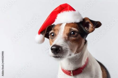 Russel Terriel dog dressed in Santa Claus hat, Christmas costume on white background. Season banner, poster © MarijaBazarova