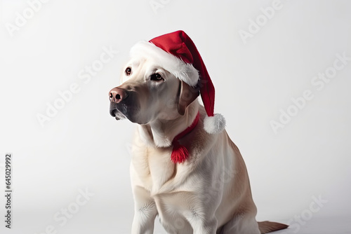 Labrador retriever dog dressed in Santa Claus hat, costume on white background. Season banner, poster © MarijaBazarova