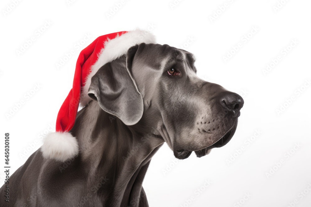Portrait of Great Dane dog dressed in Santa Claus hat, costume on white background. Season banner, poster