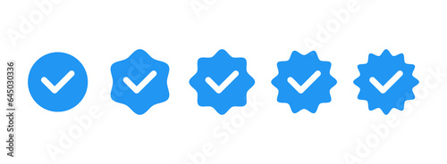 Approved Icon. White Check Mark with Blue Circle set