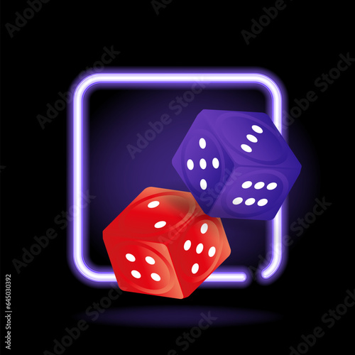 Dice 3d icon casino neon light vector illustration