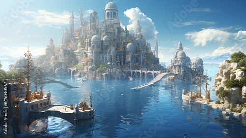 fantasy city over island and mid sea close up view of fish, generative ai
