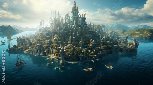 fantasy city over island and mid sea close up view of fish, generative ai photo