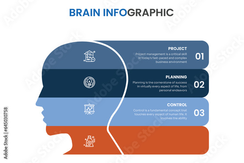 Vector Brain infographic Set. Template for human head diagram, graph, presentation, face chart. Business idea concept with 3, 4, 5, 6, 7, 8 options, parts, steps or processes. Brainstorming.