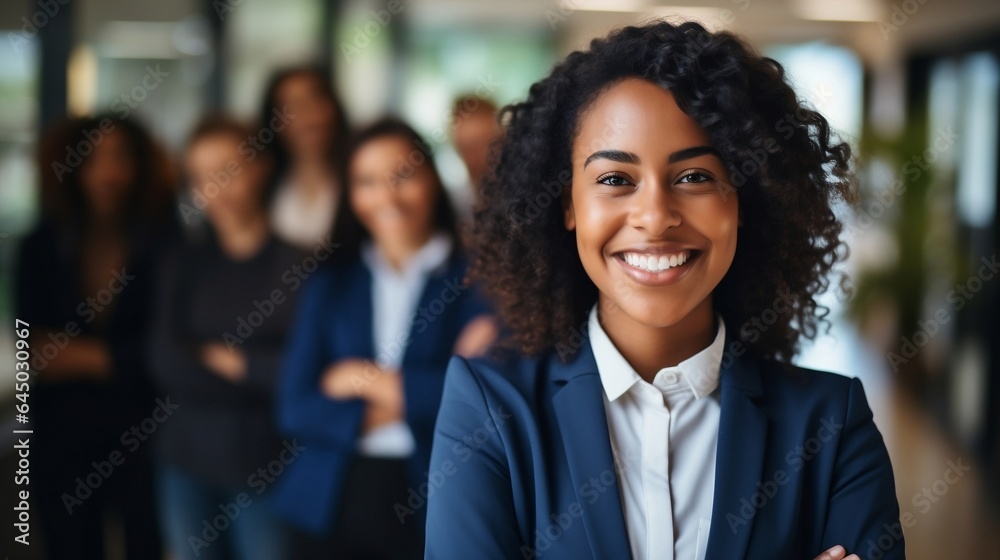 Portrait of smiling african american businesswoman with colleagues in background Portrait of smiling african american businesswoman with colleagues in background