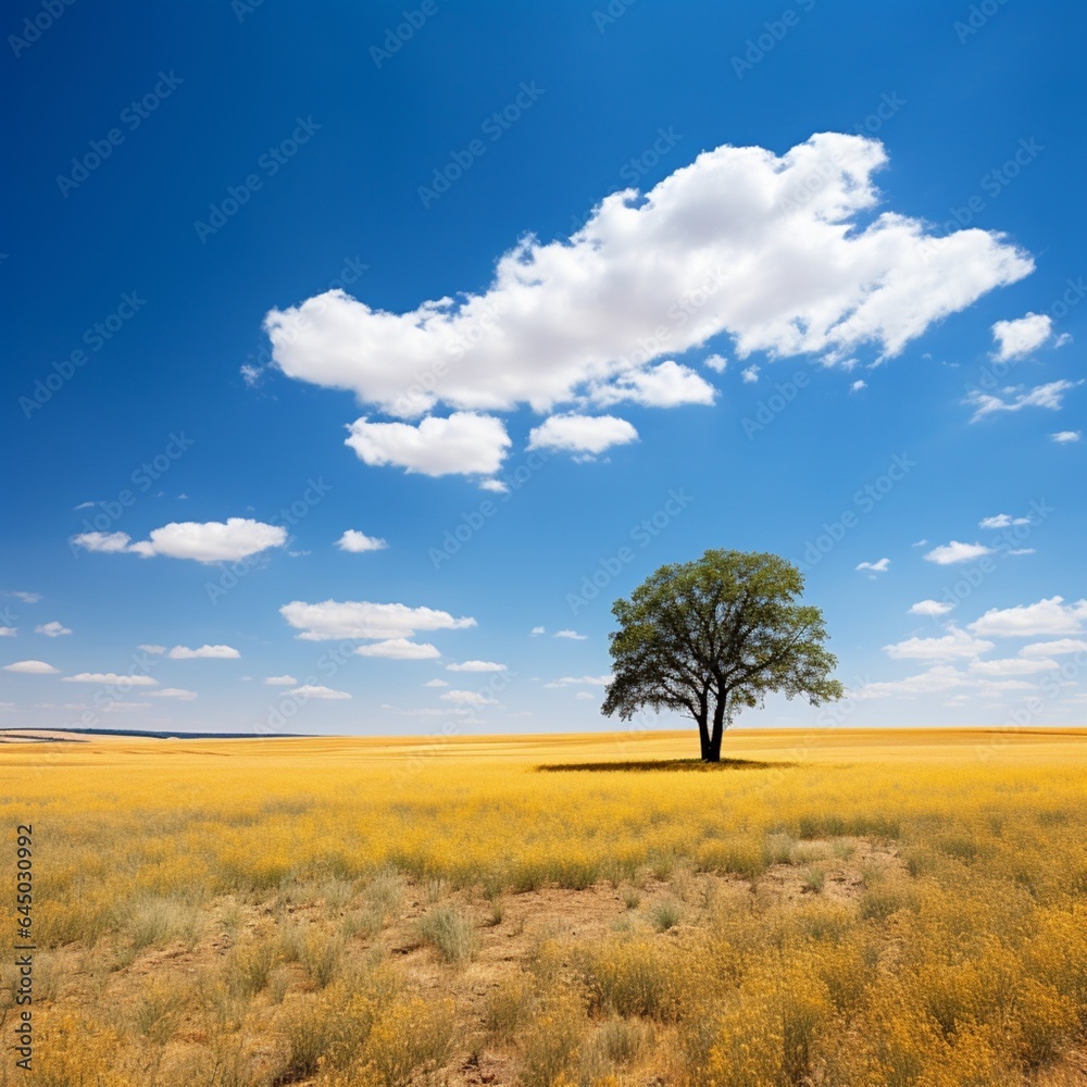 . A lone tree standing tall in the middle of a vast, golden meadow under the clear blue sky. 
