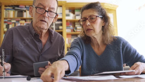 Senior couple with tablet managing bills and paperwork. Domestic life budget