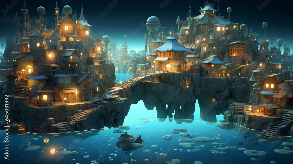 Fototapeta premium fantasy city over island and mid sea close up view of fish, generative ai