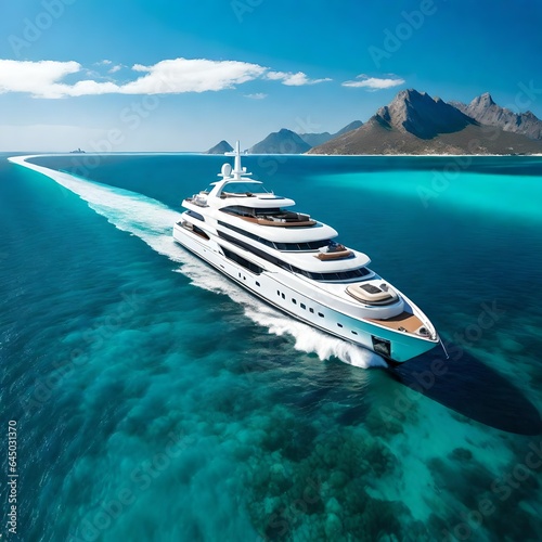      A panoramic view of a luxury yacht cruising along the coastline in front of a backdrop of cloudless skies and turquoise waters of the purest clarity.    © shabahat