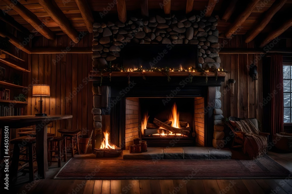 A cozy fireplace in a cabin during a snowstorm