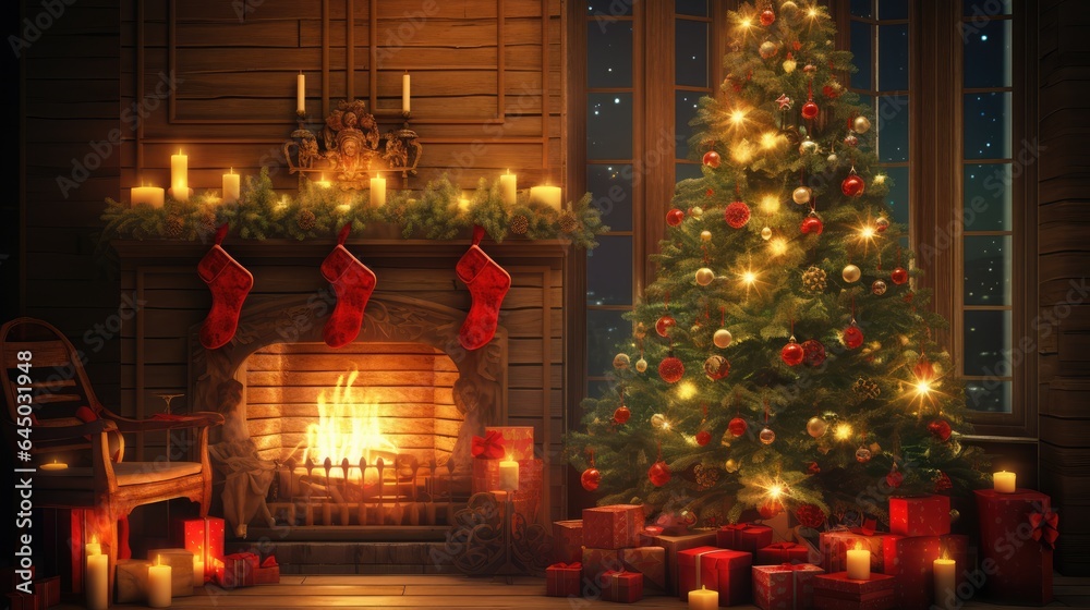 Cozy Christmas Celebration with Decorated Tree, Fireplace, and Gifts