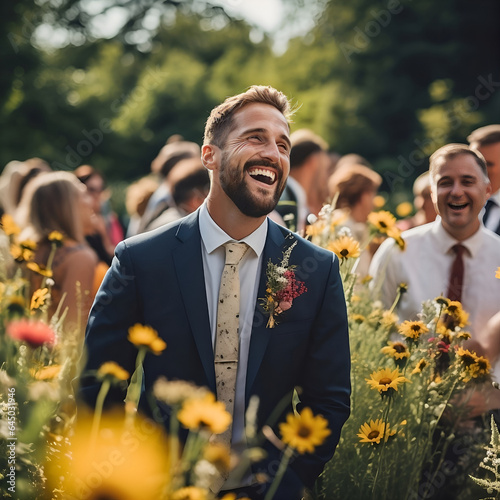 A spontaneous snapshot featuring a delighted bridegroom during an open-air summer wedding, enveloped by the beauty of the natural surroundings. His genuine bliss radiates, encapsulating the spirit of 