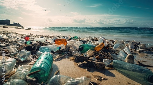 Wallpaper Mural Save water.trash garbage at the beach and plastic bottles are difficult decompose prevent harm aquatic life. Earth, Environment, Greening planet, reduce global warming, Save world Torontodigital.ca