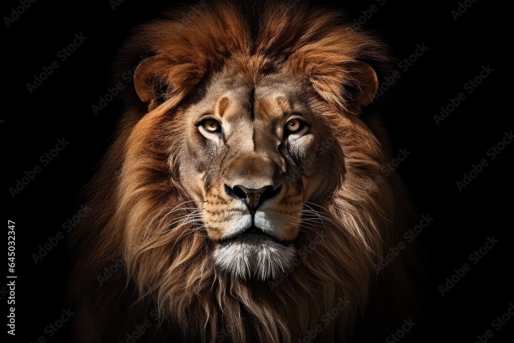 lion on black background looking directly at the camera