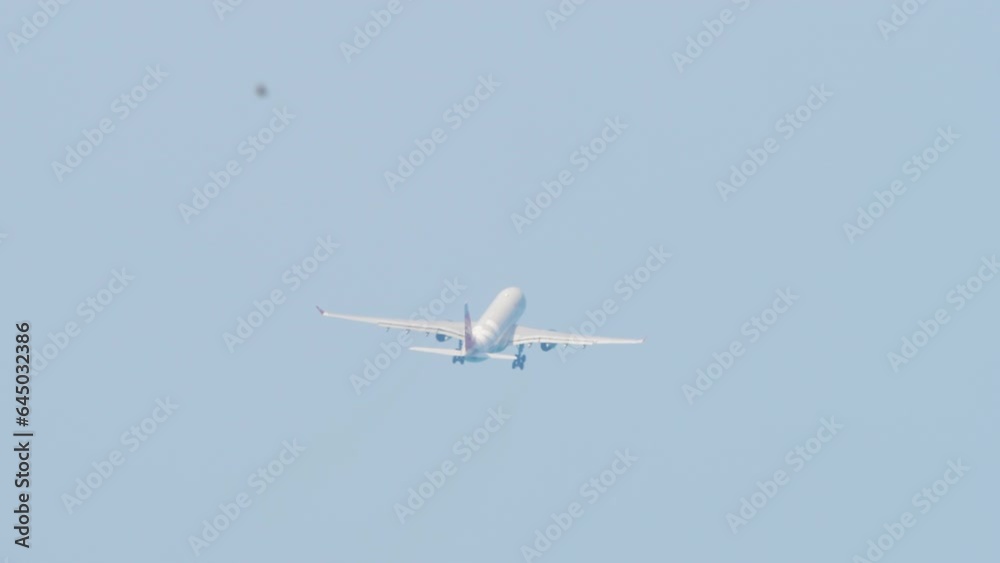 Airplane take off, rear view. Jet plane fly away, long shot. Flight departure. Tourism and travel concept Airplane take off, rear view. Jet plane fly away, long shot. Flight departure. Tourism and travel concept