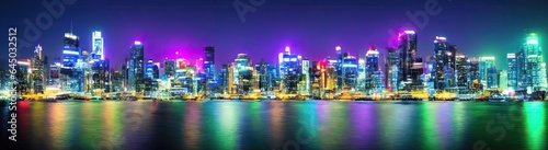 Cityscape at night with lights and high buildings reflection in the river  3d rendering  cityscape and high technology  concept. Panoramic cityscape background  AI Generated