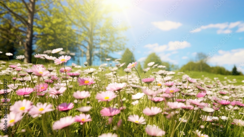 Beautiful meadow filled with blooming flowers under a clear sky.
