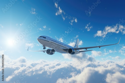 Airliner ascending through blue sky among fluffy white clouds.