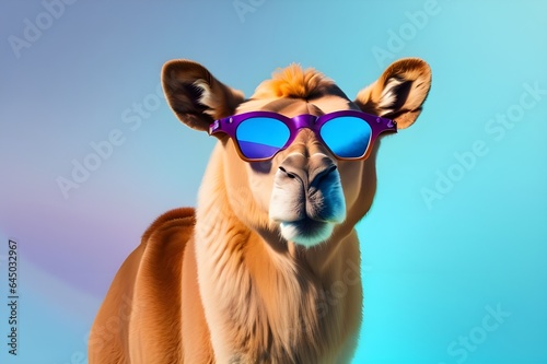 Creative animal concept. Camel in sunglass shade glasses isolated on solid pastel background, commercial, © athar