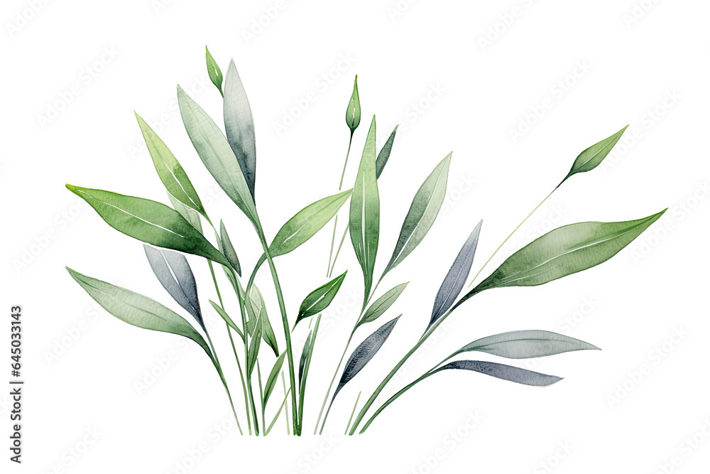 Fototapeta premium Watercolor Tropical spring branches floral green leaves and flowers elements set isolated on transparent background, bouquets greeting or wedding card invitation, decoration clip art mock up.