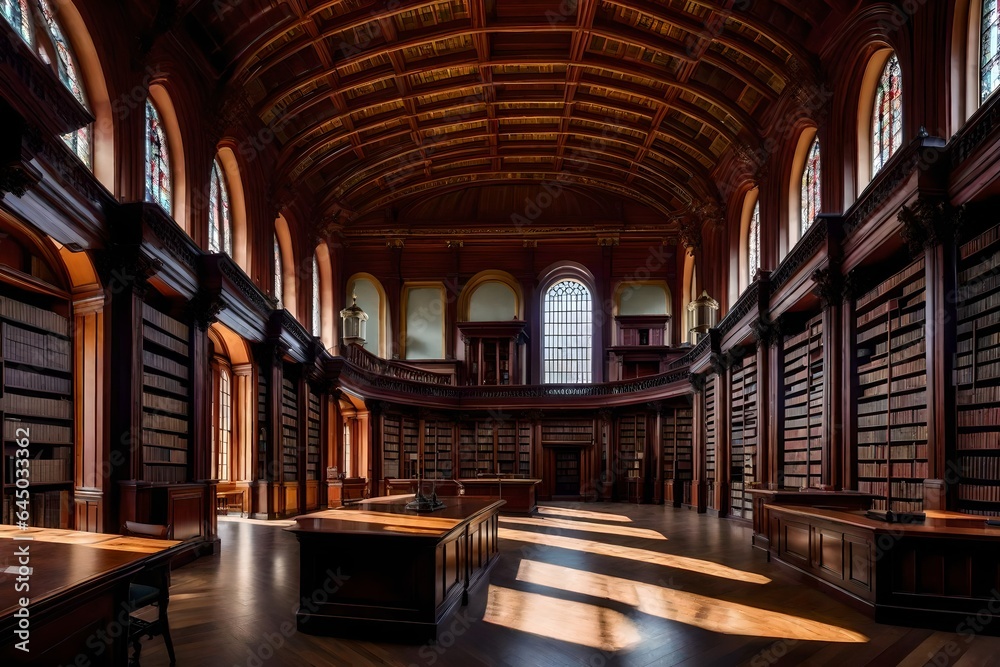 A historic library into an image of old books and intricate architecture