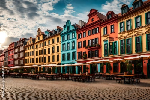 A historic city square into an image of colorful buildings and lively cafes photo