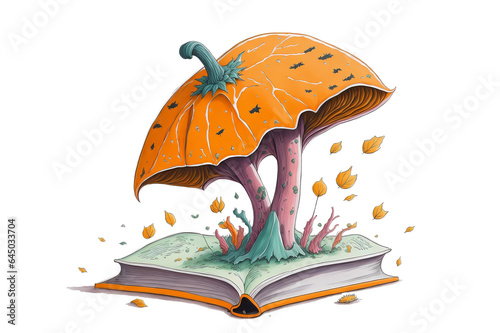 watercolor mushroom growing out of a book, halloween editionon a white background.. Image created using artificial intelligence.