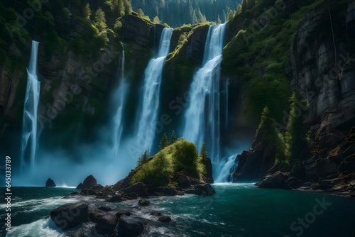 A rendered picture of a towering waterfall cascading down a cliff