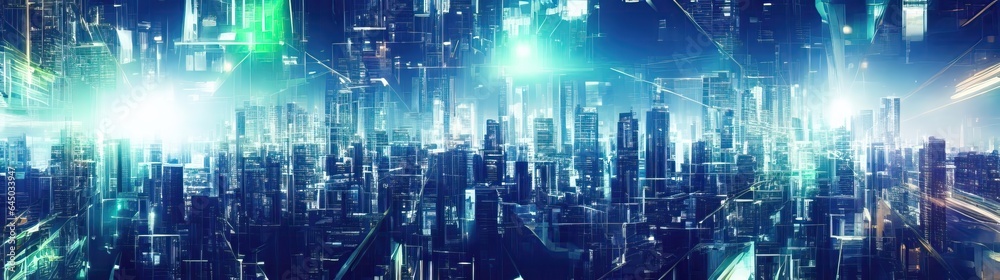Concept of smart cityscape at night, high technology network connection concept. Panoramic cityscape background, AI Generated, virtual reality cyber space, digital wallpaper