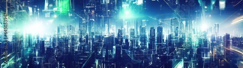 Concept of smart cityscape at night, high technology network connection concept. Panoramic cityscape background, AI Generated, virtual reality cyber space, digital wallpaper © mihalych_3d