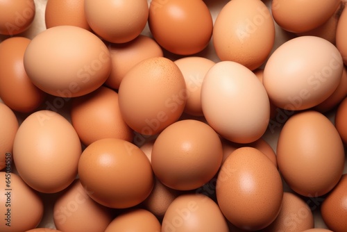 Pile of raw brown chicken eggs top view