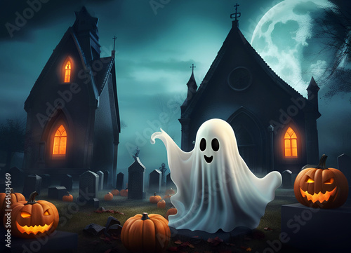 Cute little ghost with craved pumpkins on a graveyard with churches in the background . It's halloween night