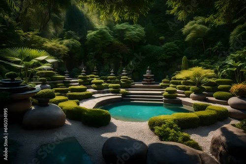 A serene meditation garden with zen-like arrangements