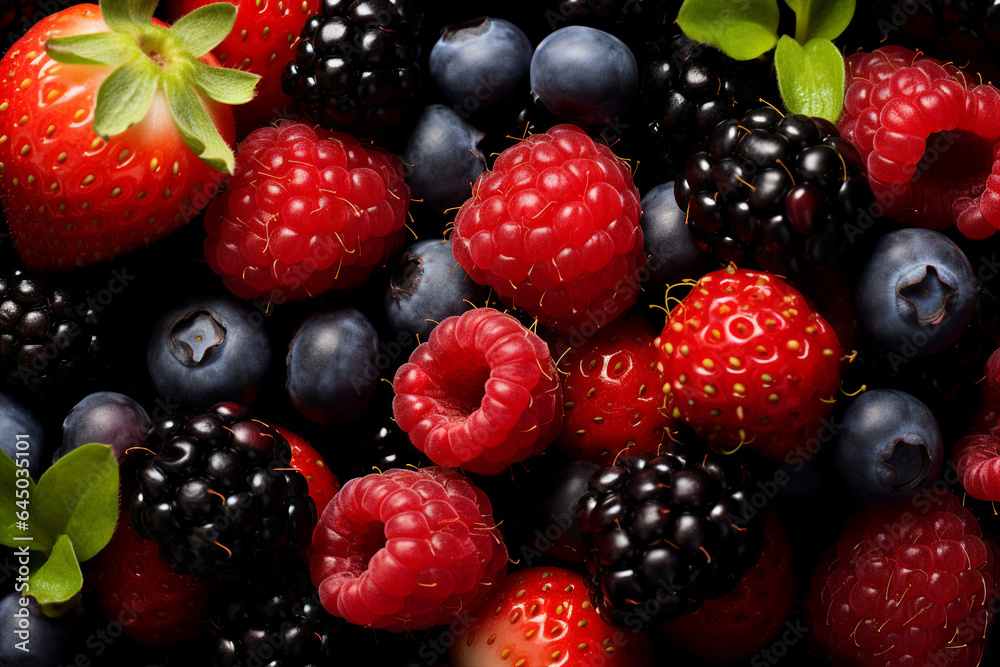 Close up macro view image of various fresh sweet summer berries made with generative ai technology Close up macro view image of various fresh sweet summer berries made with generative ai technology