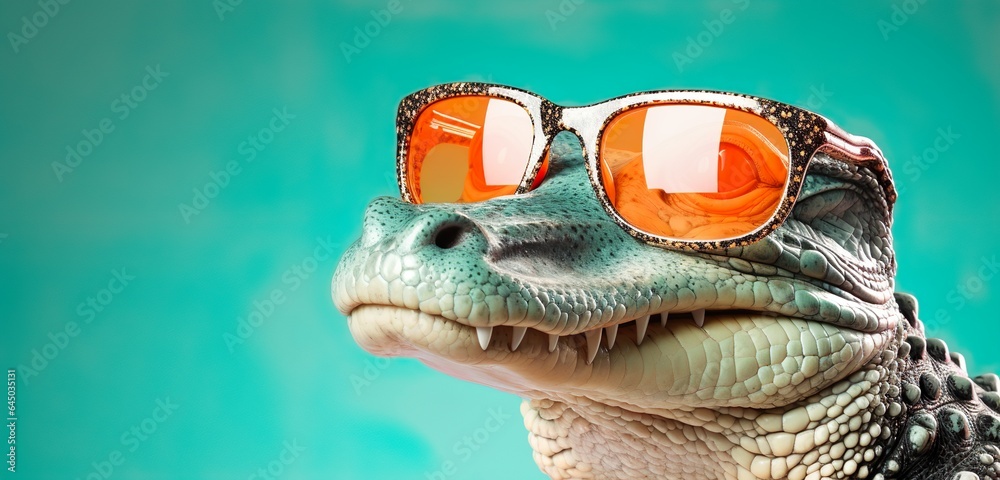 Cool Crocodile in Chic Sunglasses, isolated on solid pastel background, advertising banner, generative Ai