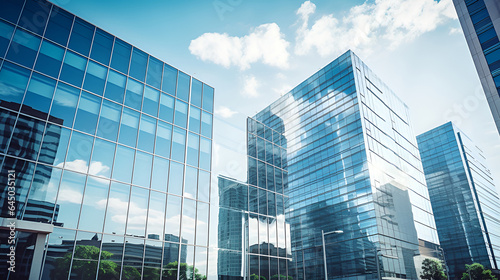 Modern business office buildings in a downtown setting. The low-angle perspective highlights the glass curtain wall details  with the windows reflecting the serene blue sky and billowing white clouds.