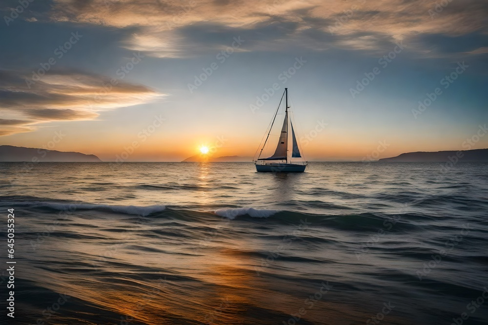 A serene scene of a lone sailboat on a calm sea at sunrise