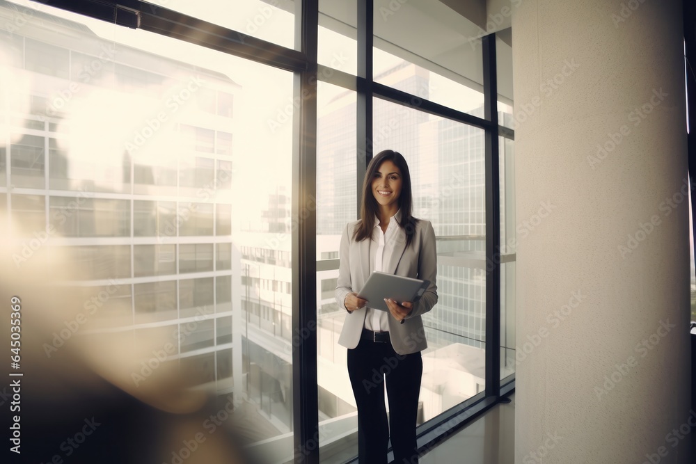 Businesswoman ceo adviser standing holding documents in front of the skyscraper window indoors