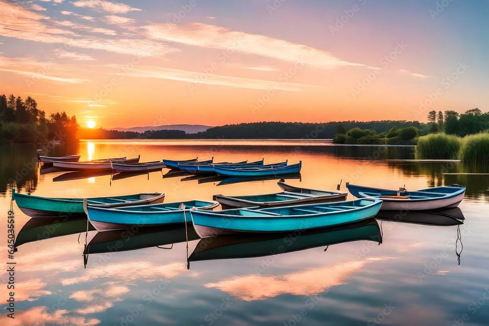 A tranquil lakeside into an image of rowboats under a pastel sunset sky