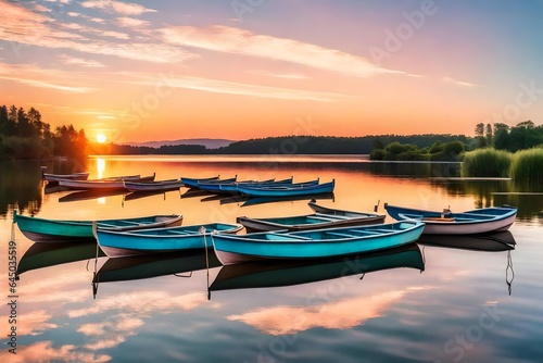 A tranquil lakeside into an image of rowboats under a pastel sunset sky