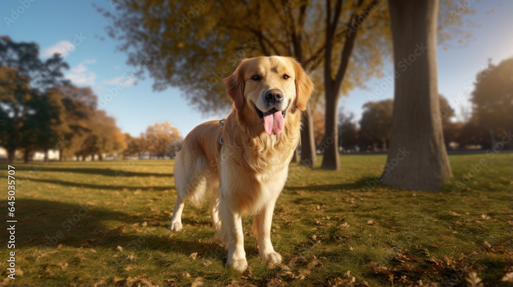 Golden Retriever Enjoying Playful Moments in the Serene Park Setting, a True Canine Delight. Golden Retriever Enjoying Playful Moments in the Serene Park Setting, a True Canine Delight.