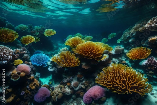 An artistic representation of a coral reef teeming with marine life