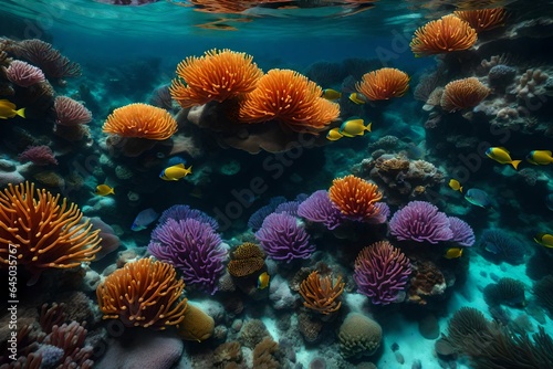 An artistic representation of a coral reef teeming with marine life